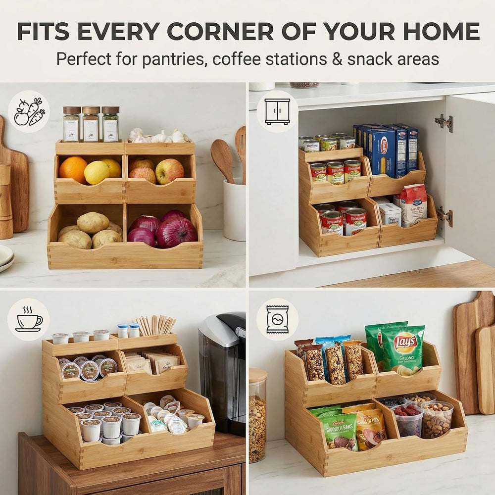 Bamboo Pantry Storage Bins Set 5 Pieces - Stackable Baskets, Potato and Onion...