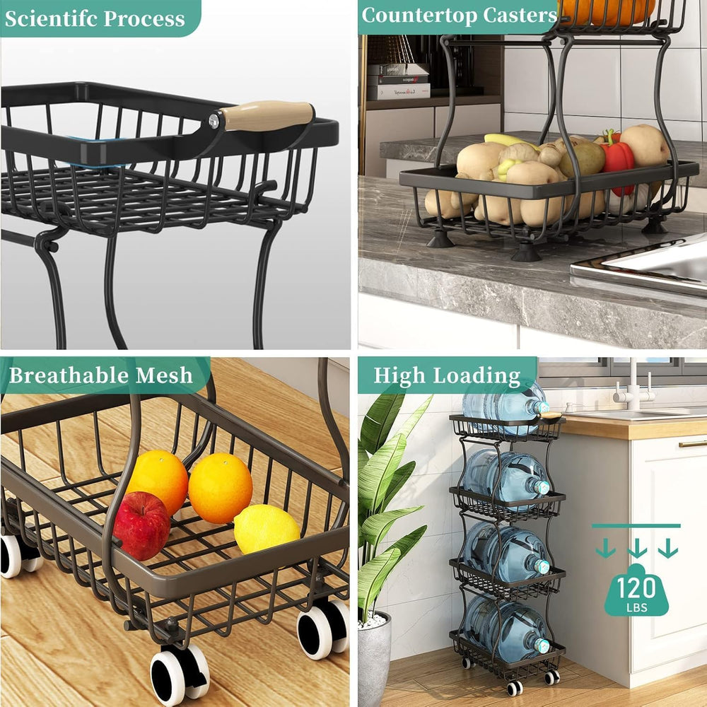 4 Tier Stackable Fruit Vegetable Storage Basket Kitchen Rolling Cart