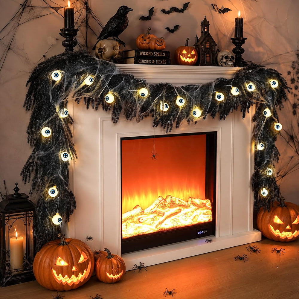 9FT Black Halloween Garland with Eyeball String Light Spider Cotton Spiders