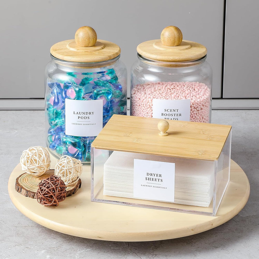 Glass Jars and Dryer Sheet Holder with Bamboo Lids, Dispenser Set and Labels,...