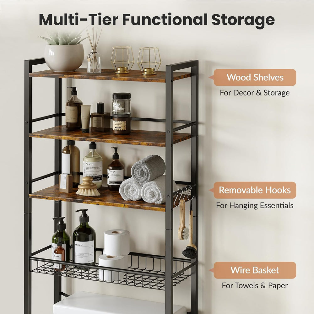 Over The Toilet Storage Shelf, 4-Tier Bathroom Organizer with Basket & Ho...