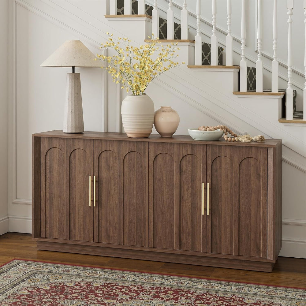FORTUNETEC 67" Sideboard Buffet Cabinet with Storage, Arched Doors, Walnut