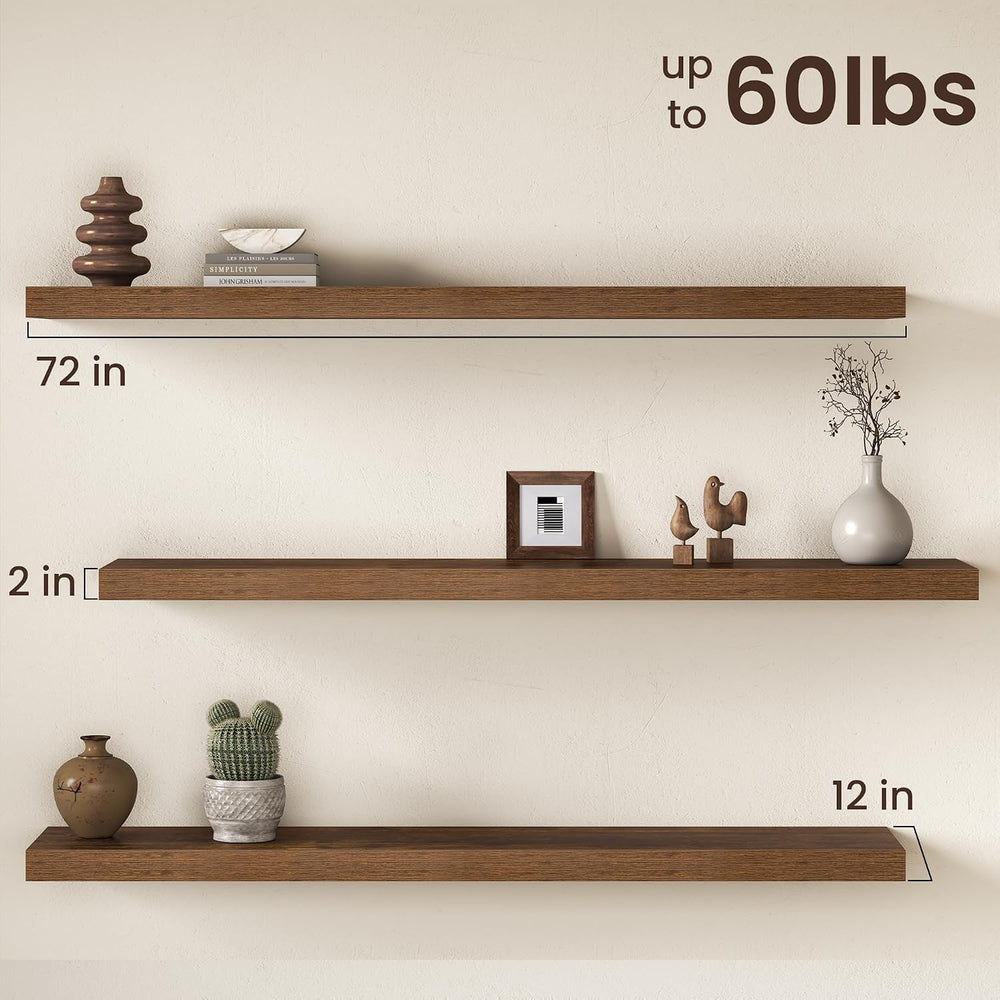 Fun Memories Rustic Brown Floating Shelves for Wall, Set of 2, 72 Inch Extra ...