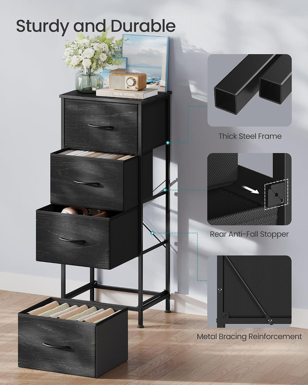 SONGMICS Dresser for Bedroom, Tall Dresser with 4 Fabric Drawers