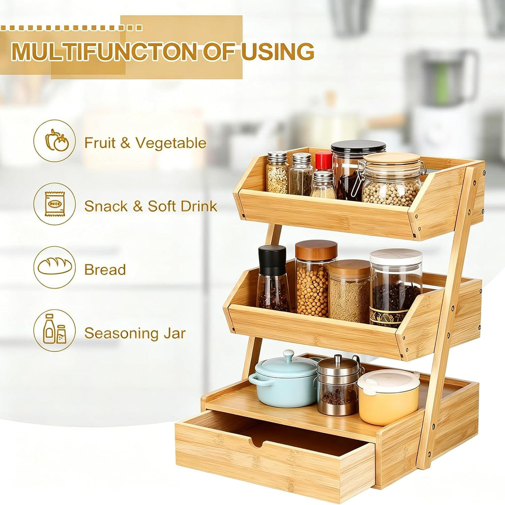 SALENT 3 Tier Bamboo Kitchen Counter Basket Organizer with Pull Out Drawers