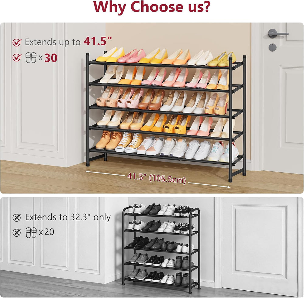 Tajsoon Expandable Shoe Rack for Closet 5 Tier, 28“-41“Stackable, Black