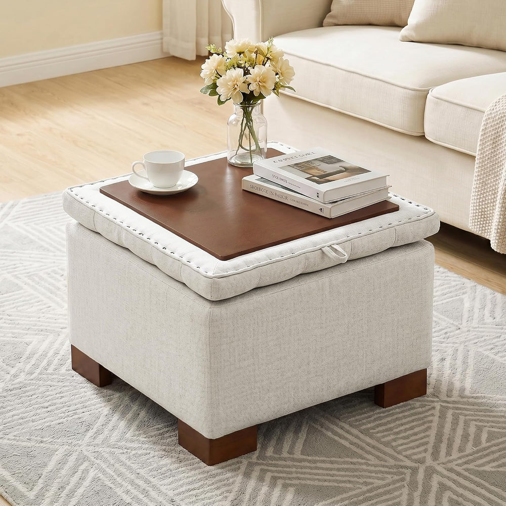 24 Inch Square Storage Ottoman Coffee Table, Modern Tufted Upholstered Ottoma...