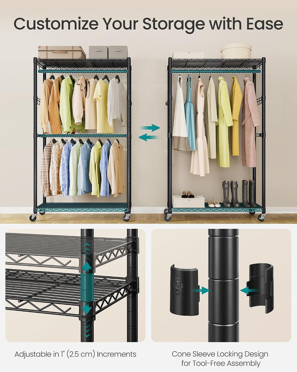 SONGMICS Heavy-Duty Clothes Rack, Portable Closet on Wheels, Garment Rack