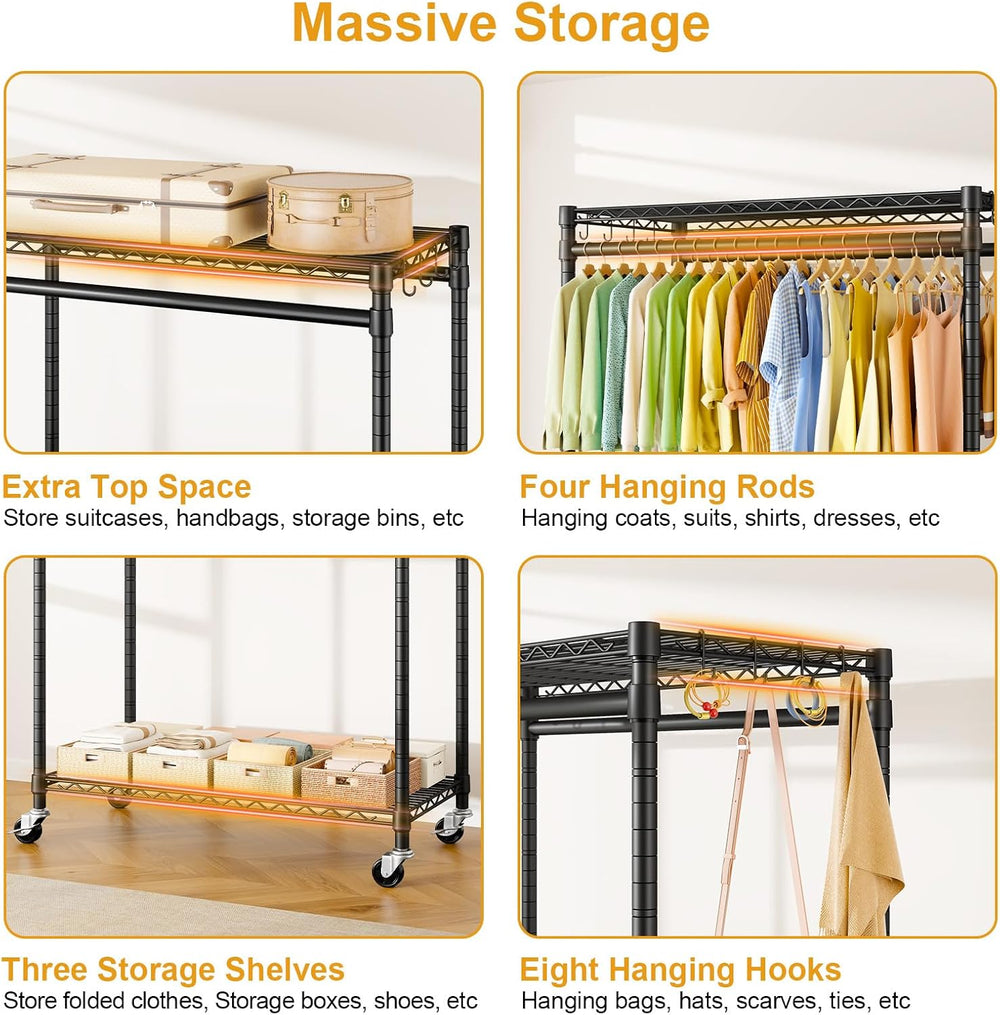 ULIFHOME Rolling Clothes Rack, Clothing Racks for Hanging Clothes, Black