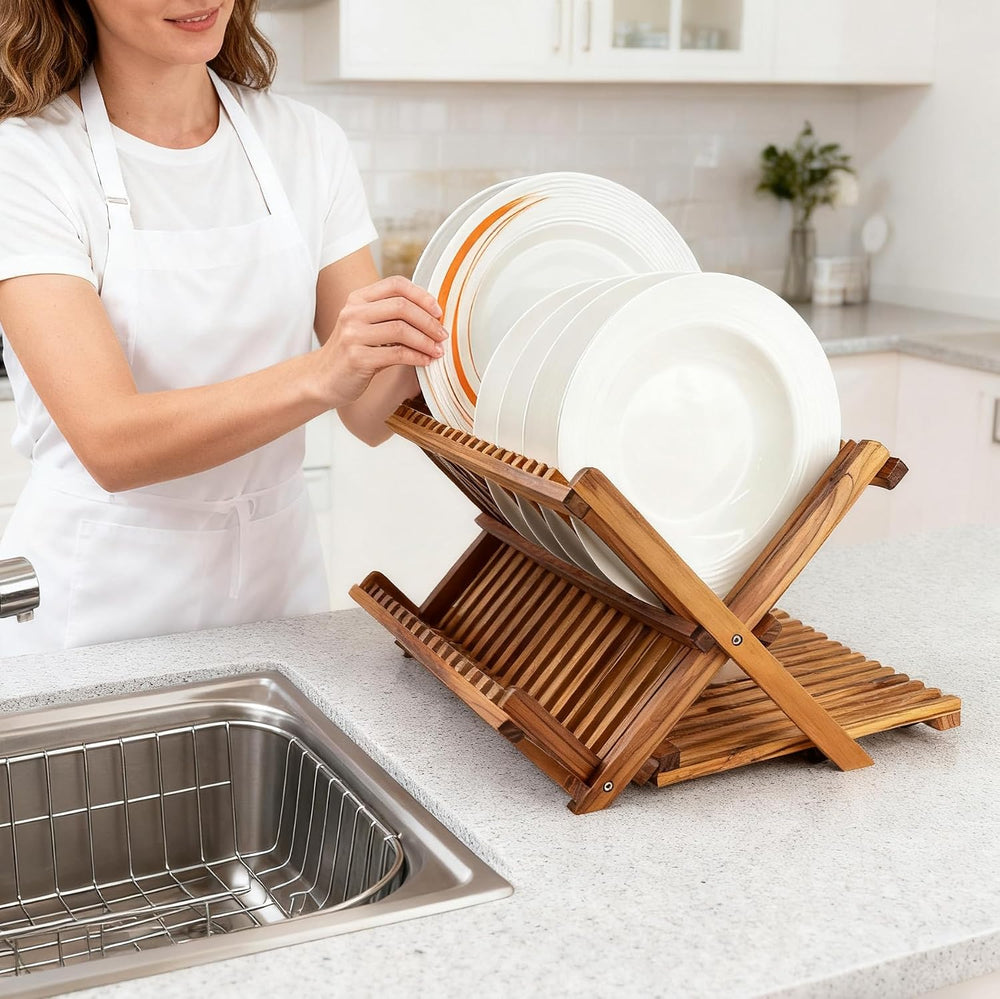 Utoplike Large Teak Dish Drying Rack, Wood Collapsible Organizer for Plates