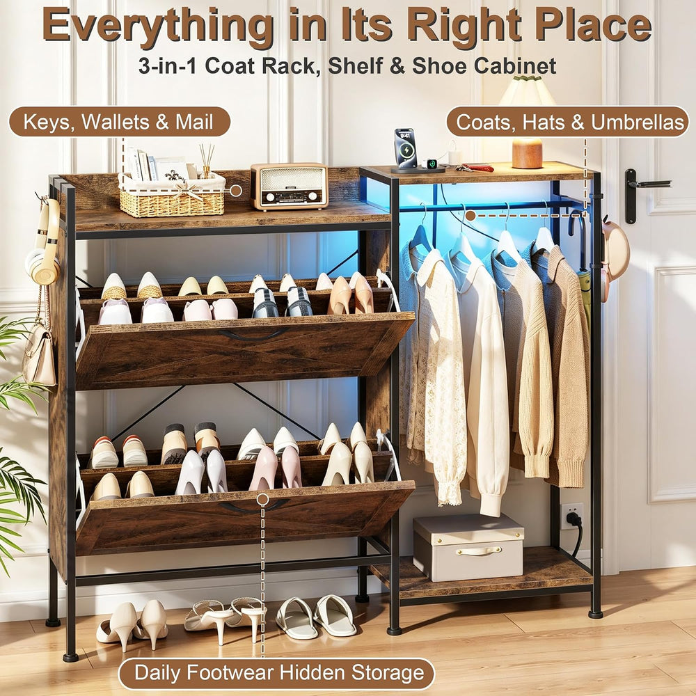 HIGDBFE Shoe Cabinet with 2 Flip Drawers and Coat Rack, 41.3" W