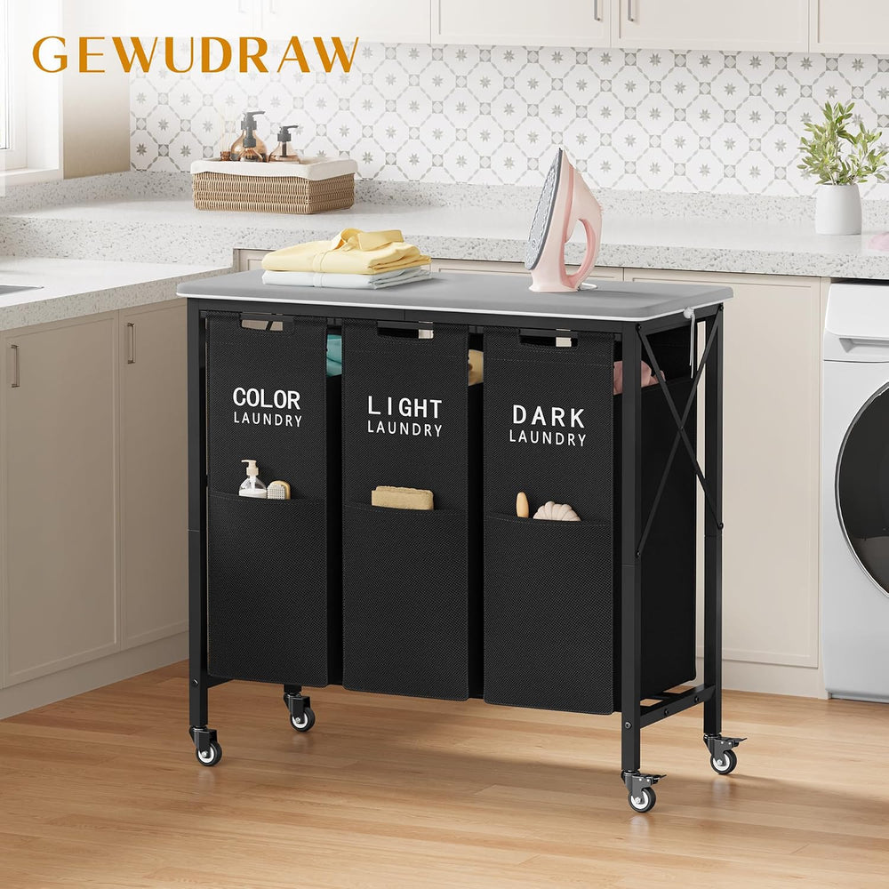 3 Section Laundry Sorter with Ironing Board, Black