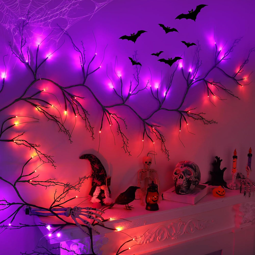 9 FT Halloween Lighted Twig Garland Decorations, 72 LED Orange Purple Lights ...