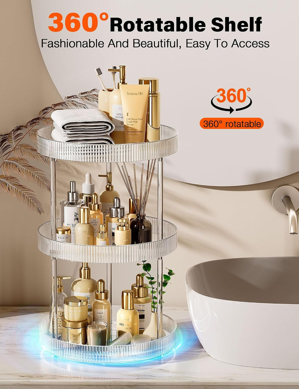 3 Tier Lazy Susan Bathroom Countertop Organizer, 360° Clear Rotating Makeup C...