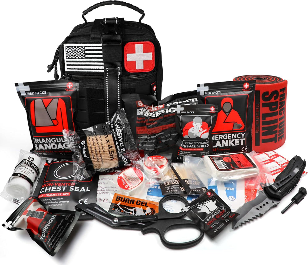 Survival First Aid Kit with Israeli-Style Bandage, Splint, Chest Seal for Tac...