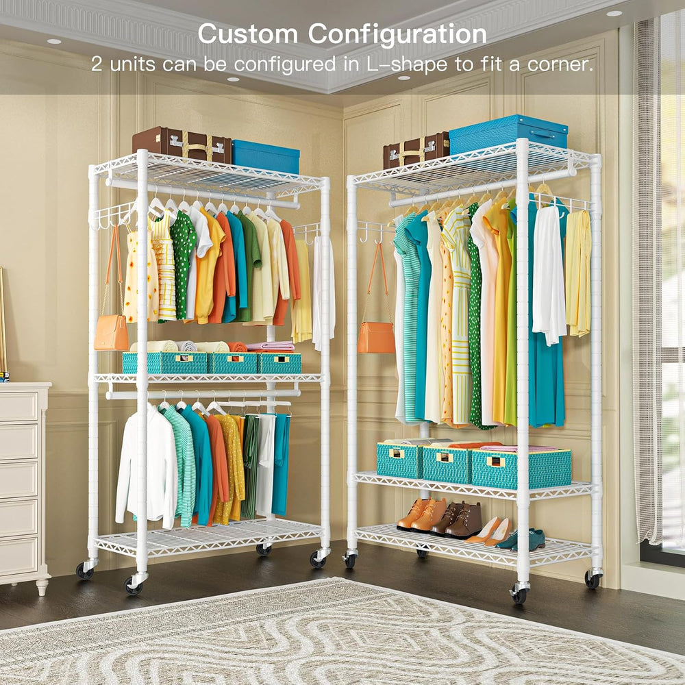 P1 Heavy Duty Garment Rack, 3 Tiers Adjustable Rolling Metal Closet