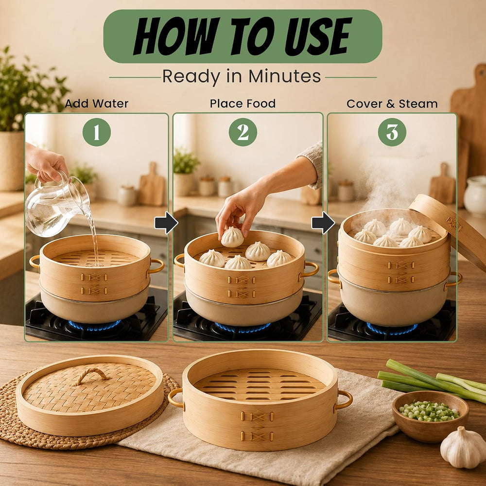 10 Inch 2-Tier Bamboo Steamer Basket for Cooking Dumplings, Dim Sum & Asi...