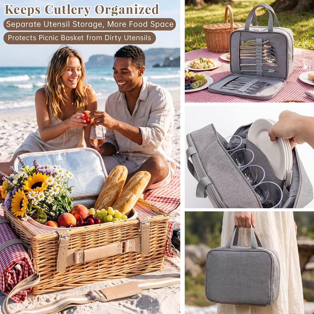 Wicker Picnic Basket Set for 4 with Detachable Table, Portable Utensil Bag