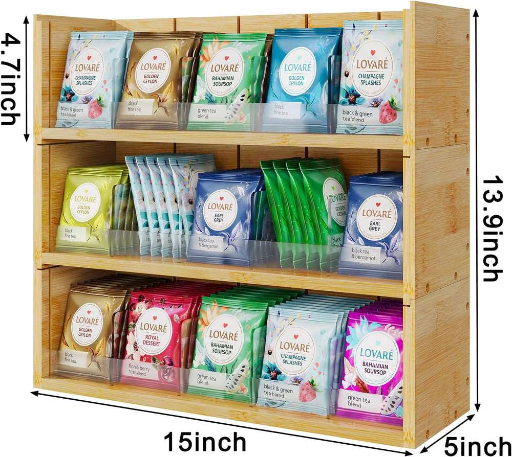 X-cosrack Bamboo Tea Bag Organizer Storage Box, 3 Tier Stackable Tea Bag Box ...