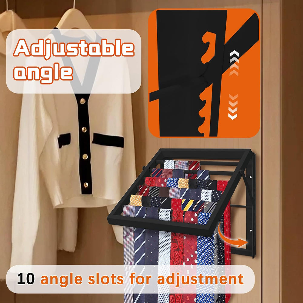 Tie Rack Wall Mounted, Adjustable Angle Tie Organizer for 60 Ties & Scarves