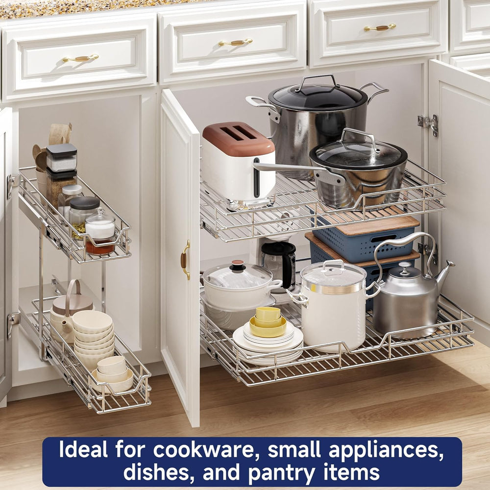 2-Tier Pull Out Cabinet Organizer, 19.5" W x 21.5" D, Heavy Duty Du...