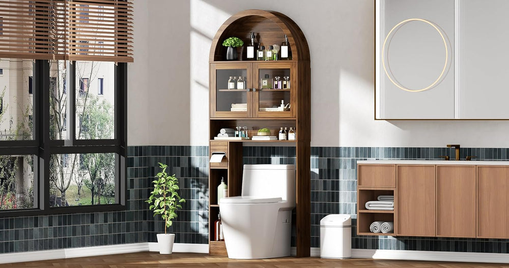 Arched Over The Toilet Storage Cabinet, Glass Door Bathroom Shelf Organizer