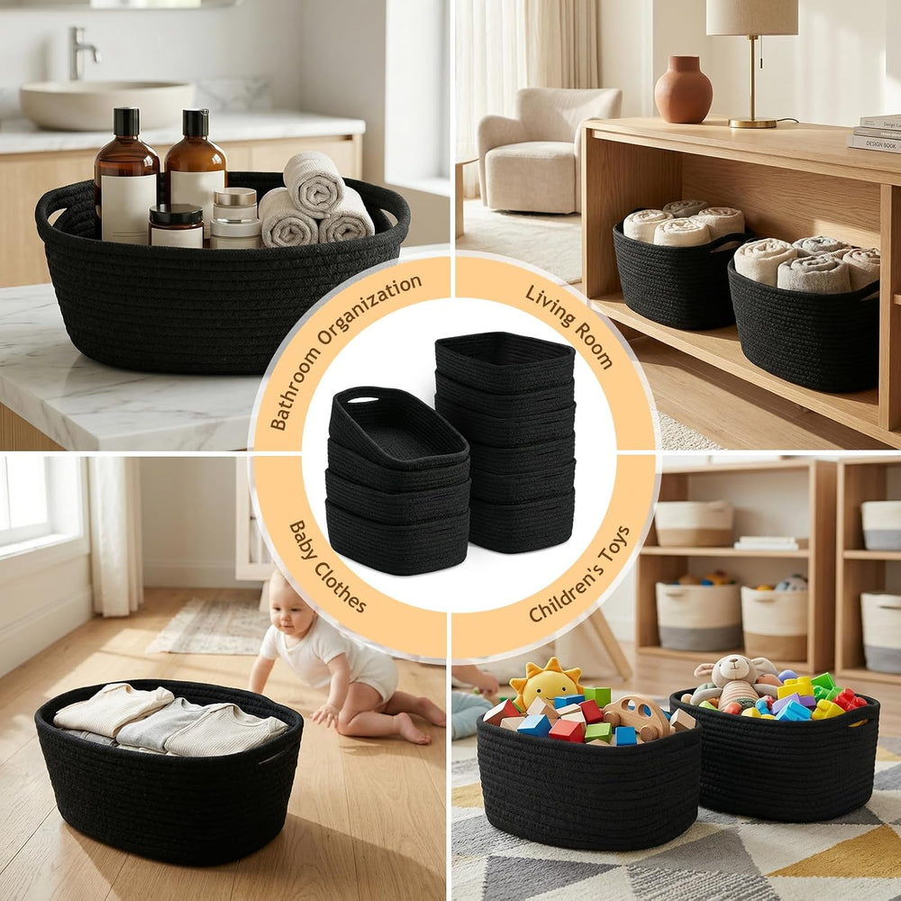 10 Pack Black Small Woven Baskets for Organizing, 11.5"x7.5"x4.7&qu...