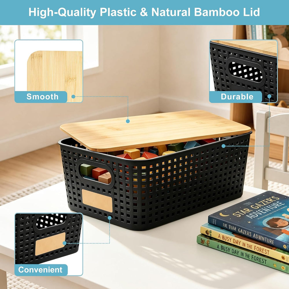 Small Plastic Storage Bins with Bamboo Lids 5.2qt Stackable Box Basket Pantry...