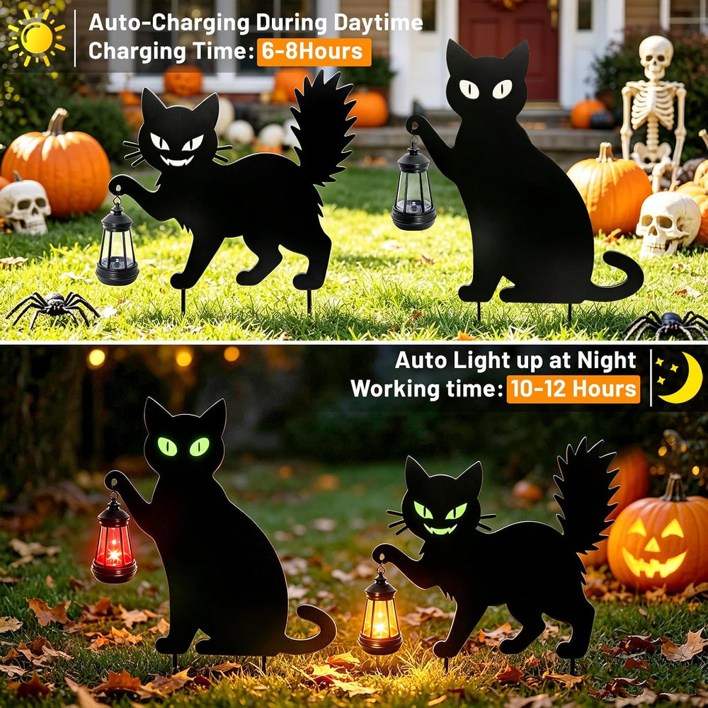 Halloween Spooky 2 Types Black Cat Yard Signs with Lantern(2PCS)