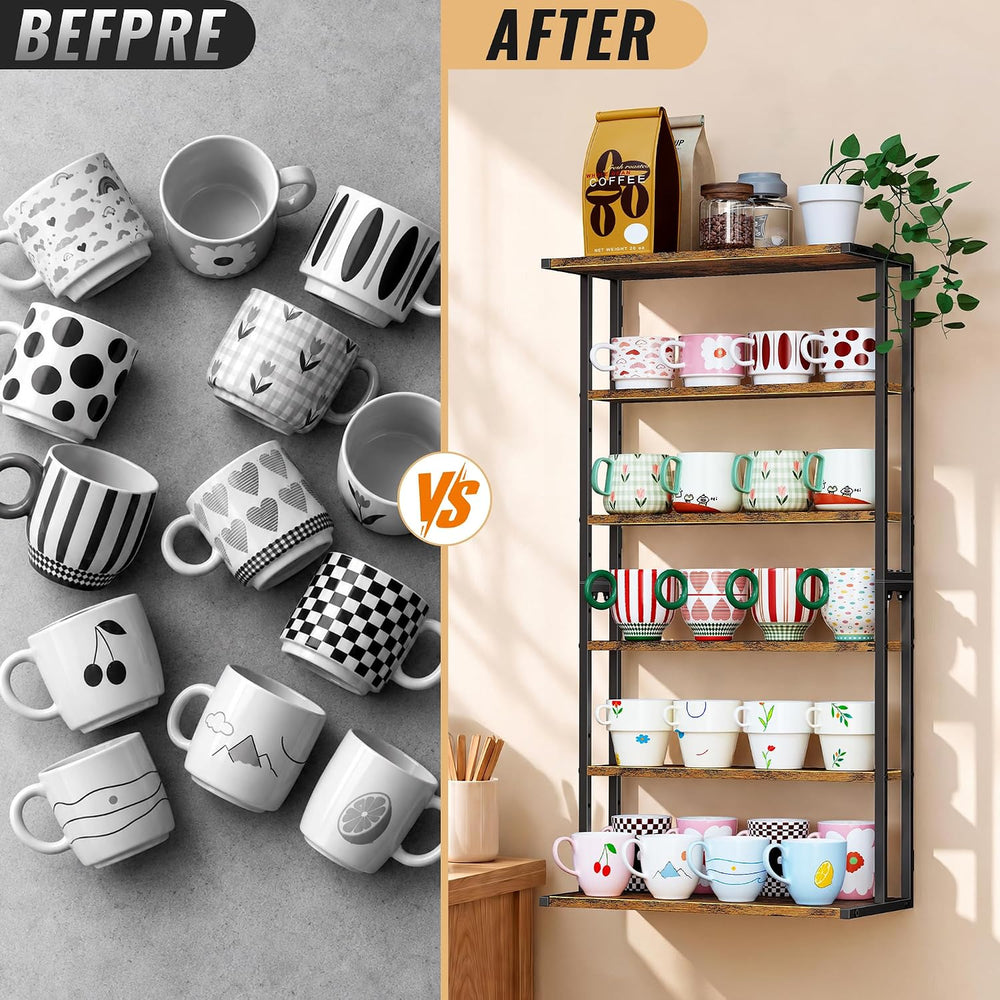 2-in-1 Coffee Cup Holder Wall Mounted, 6-Tier Wood Mug Holder Wall Mount with...