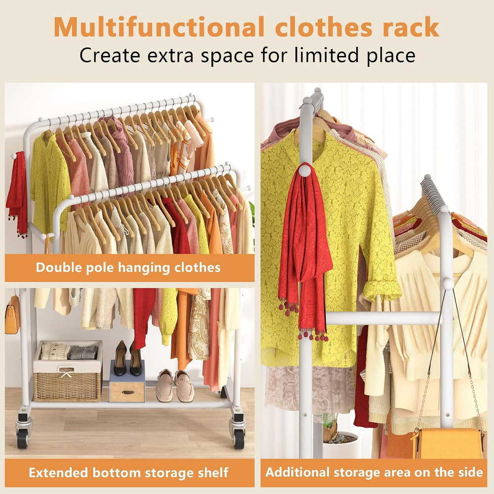 Laiensia Double Rods Garment Rack with Wheels, Clothing Rack for Hanging Clot...