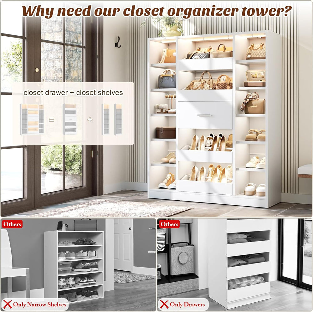 Besiost 40" Closet System with Lights, Wood Closet Organizer with 5 Drawers