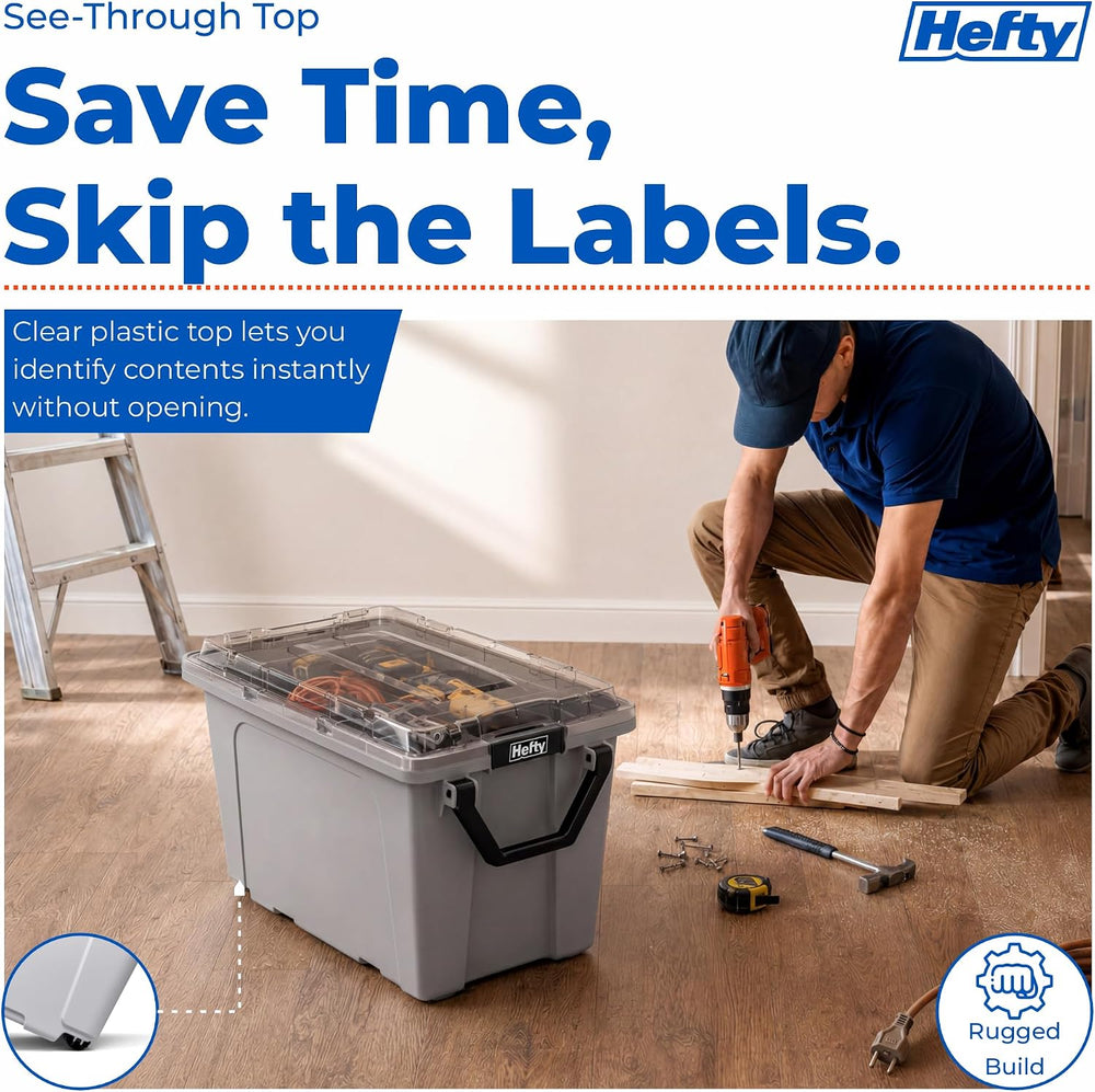 Hefty MAX Pro 28 Gal Storage Bins with Clear Lids, Stackable, 4 Pack, Grey