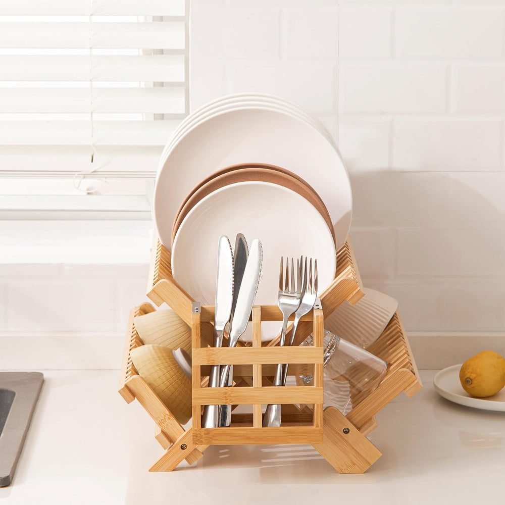 HBlife Bamboo Dish Drying Rack with Utensils Flatware Holder Set, 3-Tier Larg...