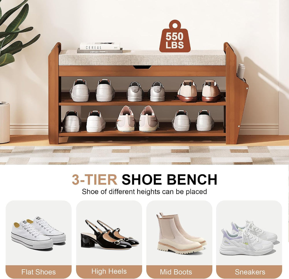 PETKABOO 31.5" Bamboo Shoe Rack Bench with Coat Rack, 3-Tier Entryway Be...