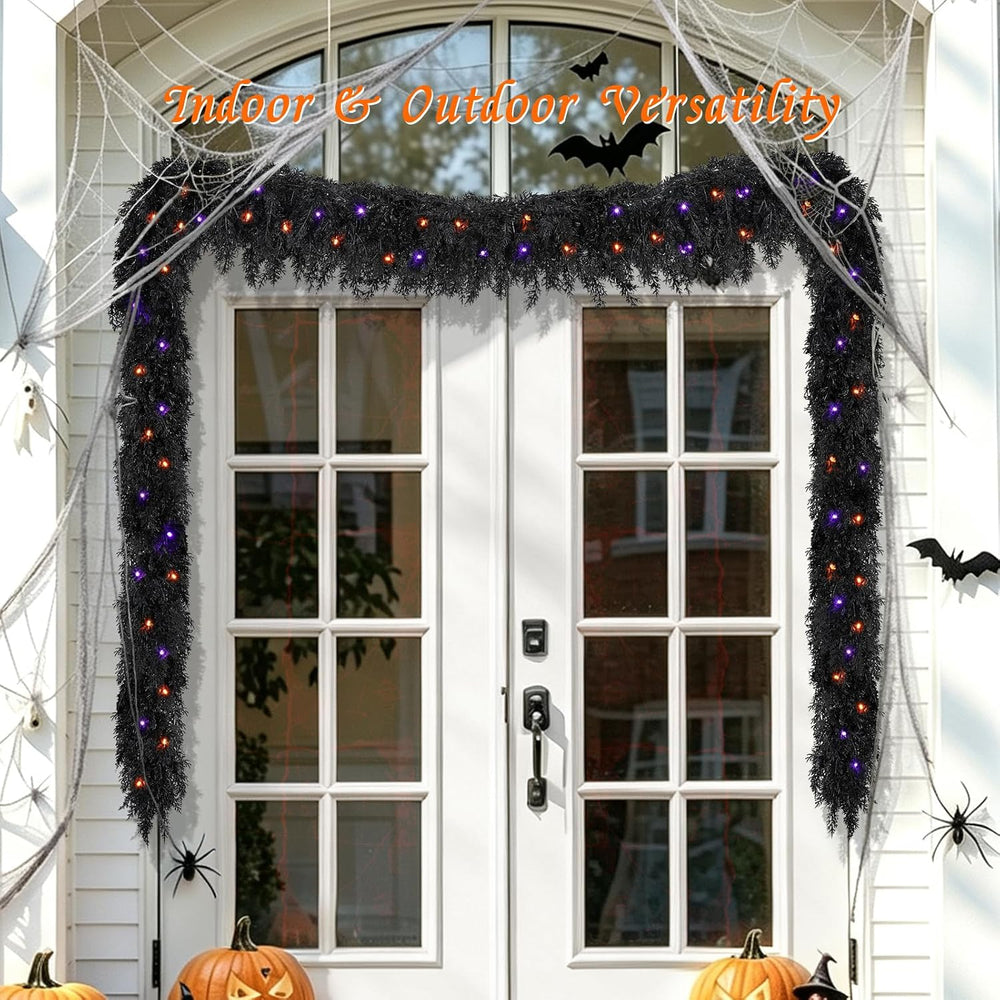 9ft Black Cedar Halloween Garland for Mantle, Soft Touch with Timer Lights