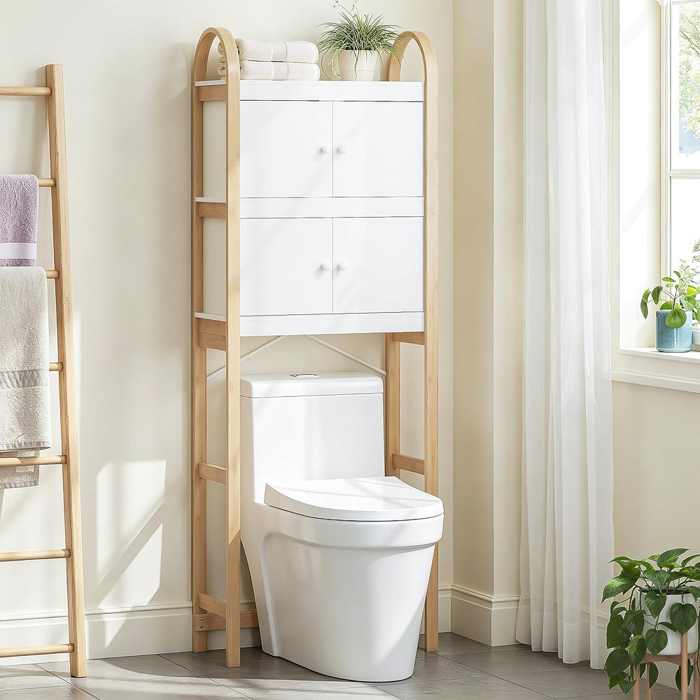 UTEX Over the Toilet Storage Cabinet with Doors, Arched Bamboo Frame, White
