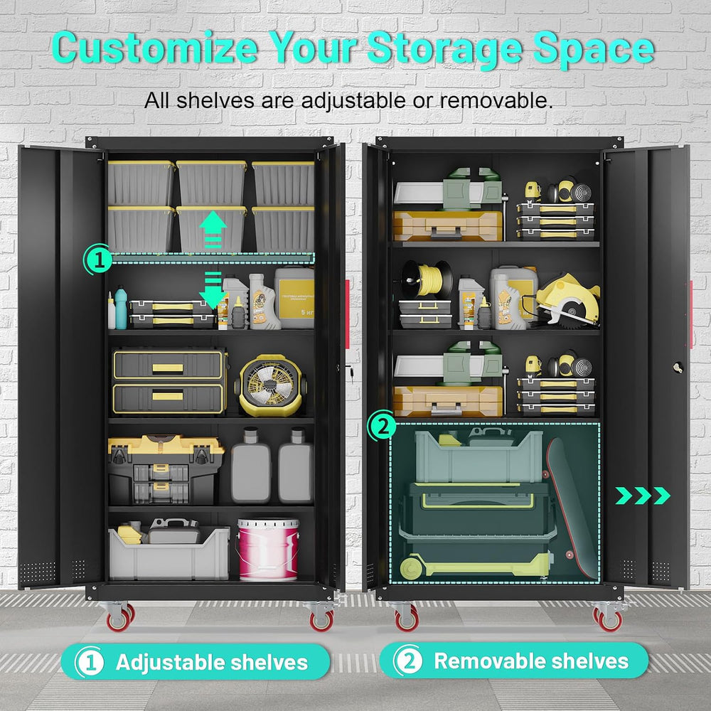 71" Lockable Metal Garage Storage Cabinet with Wheels,Steel,Black