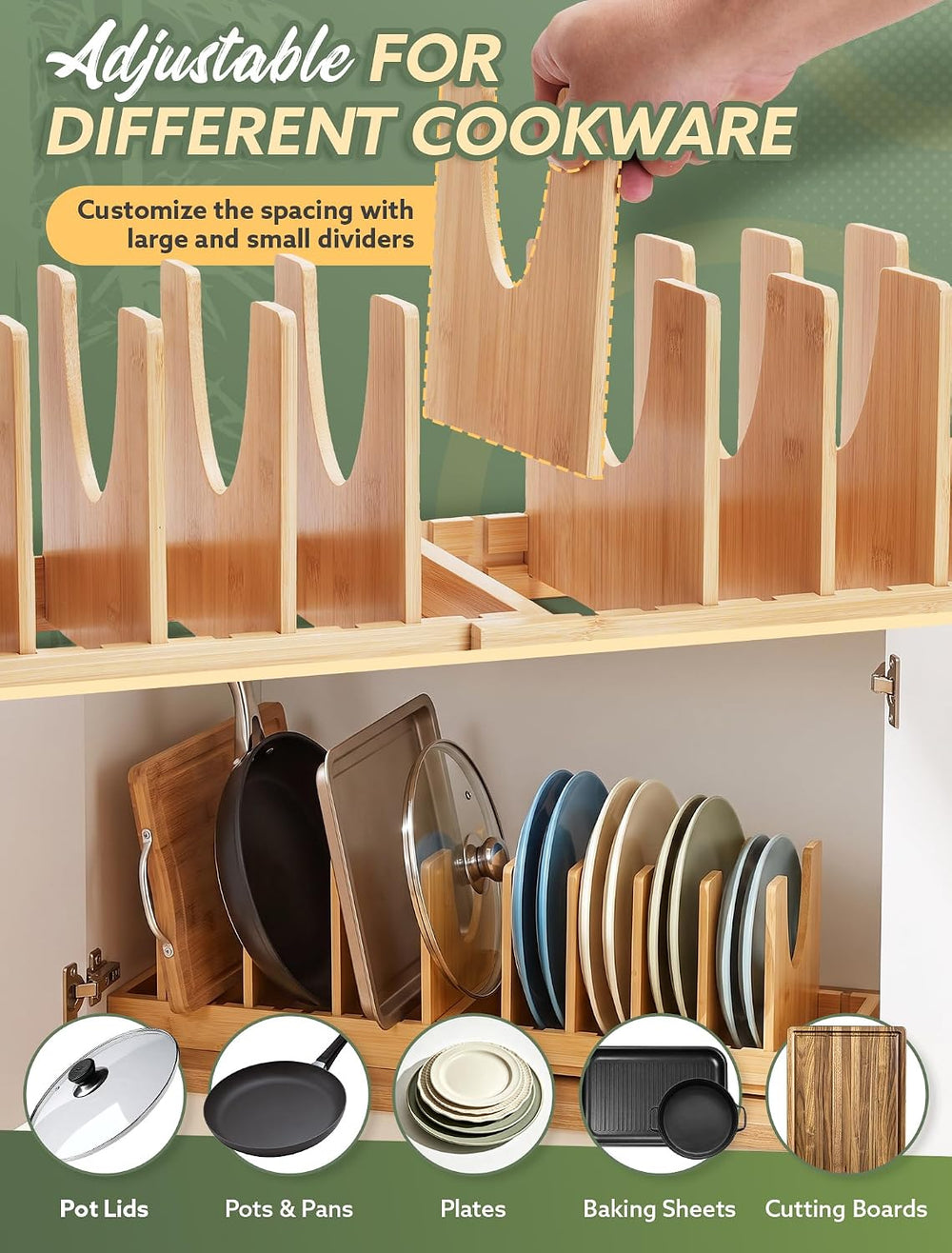 Pots and Pans Organizer Under Cabinet, Expandable Pot and Pan Rack