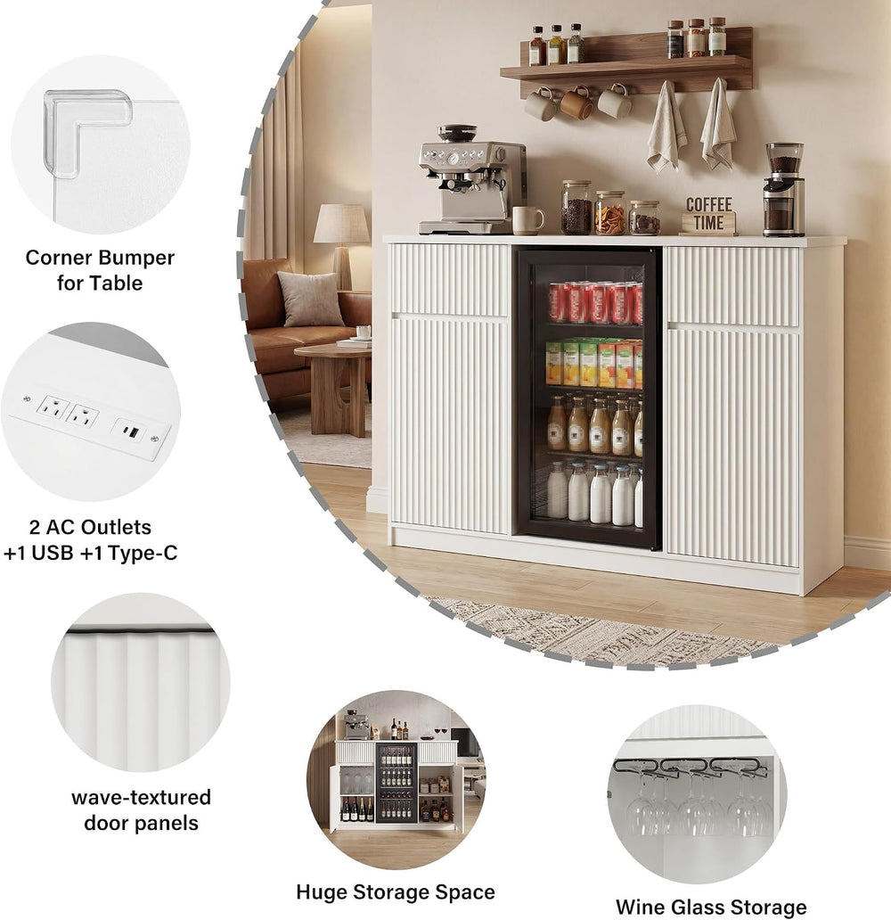 Coffee Bar Cabinet with Fridge Space & Power Outlet, White
