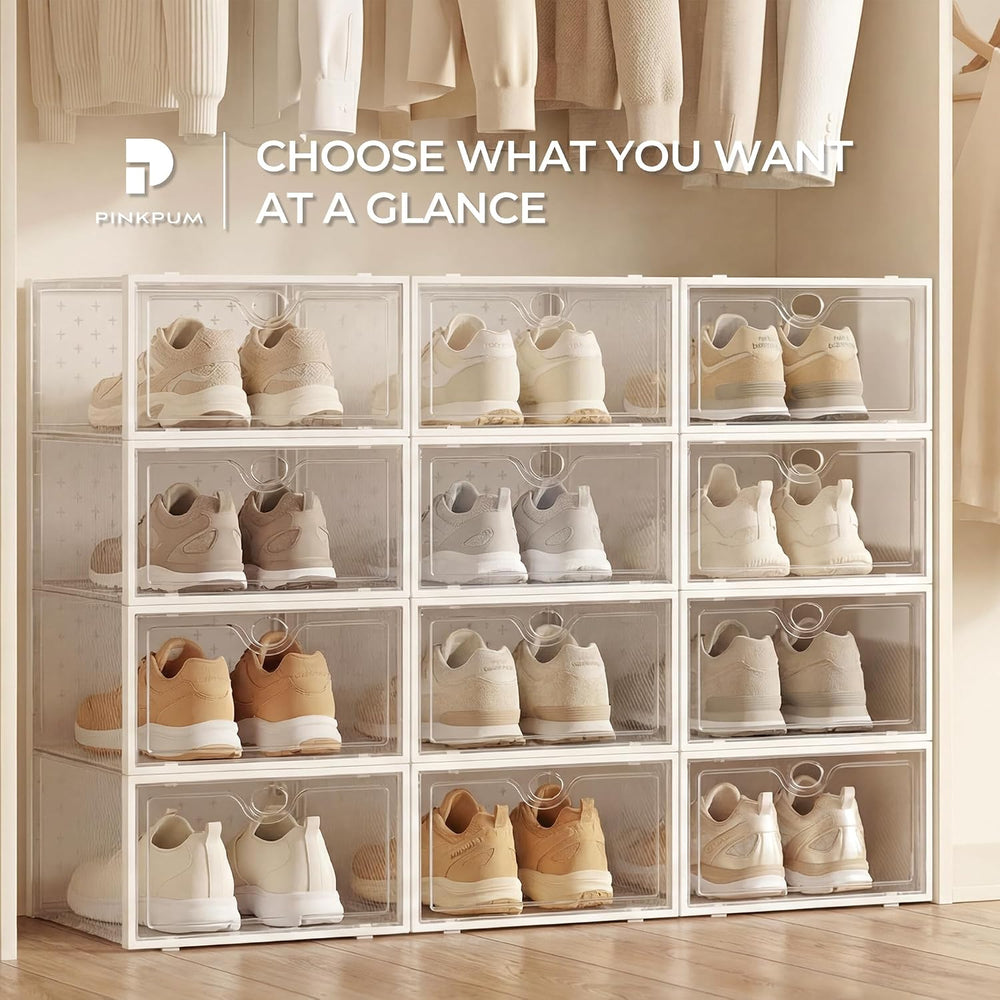 Pinkpum 12 Pack X-Large Shoe Storage Boxes, Shoe Organizer Clear Stackable
