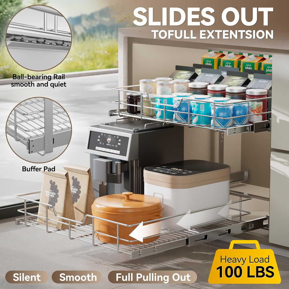 2 Tier Pull Out Cabinet Organizer 9" W X 22" D, Chromed, Full Slide...