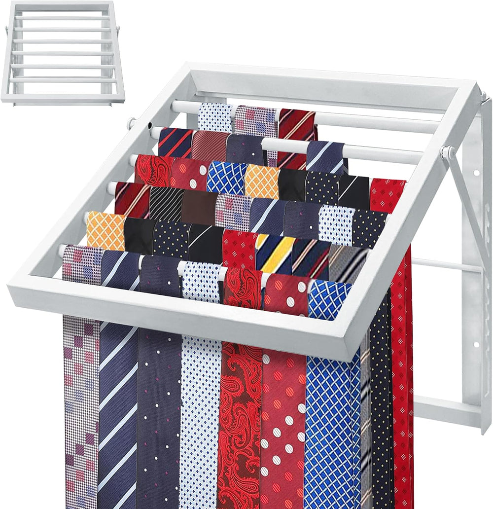Tie Rack Wall Mounted, Adjustable Angle Tie Organizer for 60 Ties & Scarves