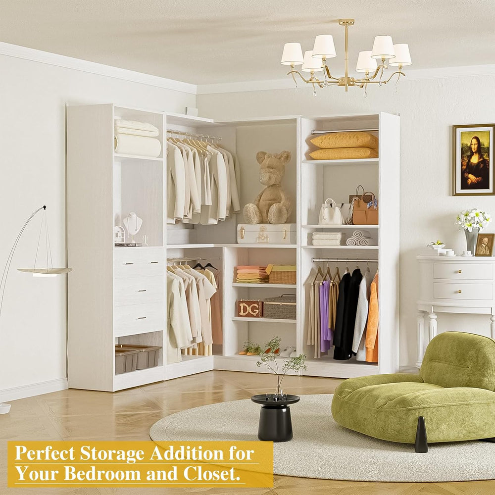 Unikito 86" Corner Closet System with 4 Drawers, 4 Hanging Rods and Mirror