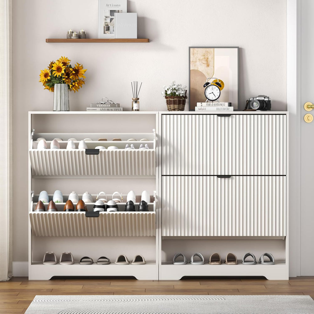 HUANLEGO Shoe Cabinet Storage for Entryway with 2 Flip Drawers, White Fluted ...