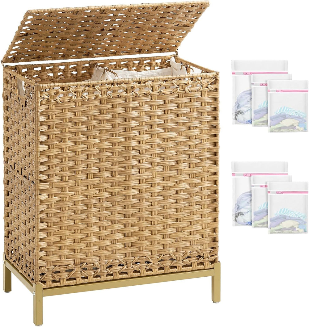 Laundry Hamper with Lid, 112 L Handwoven Rattan Wicker Laundry Basket, 2 Remo...