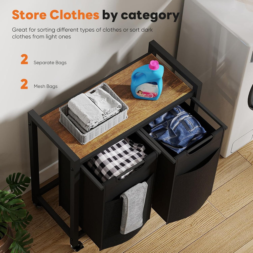 DUMOS Laundry Hamper with 2 Pull-Out Removable Sorter Bags, Movable Wheels, F...