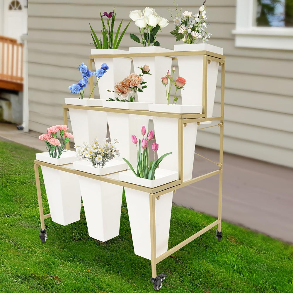 Flower Display Stand with 9pcs Plastic Buckets, 3 Layers Heavy Duty Moving Pl...