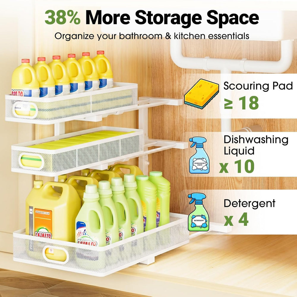 Under Sink Organizer 3 Tier, 2 Pack L-Shaped Pull-Out Cabinet Organizer with ...