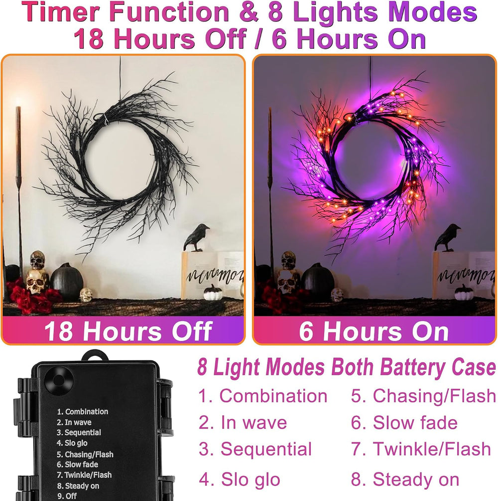 9 FT Halloween Lighted Twig Garland Decorations, 72 LED Orange Purple Lights ...